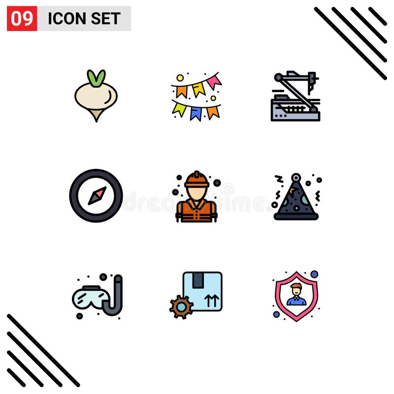 9 Filledline Flat Color concept for Websites Mobile and Apps firefighter, fighter, medical, navigation, compass royalty free illustration