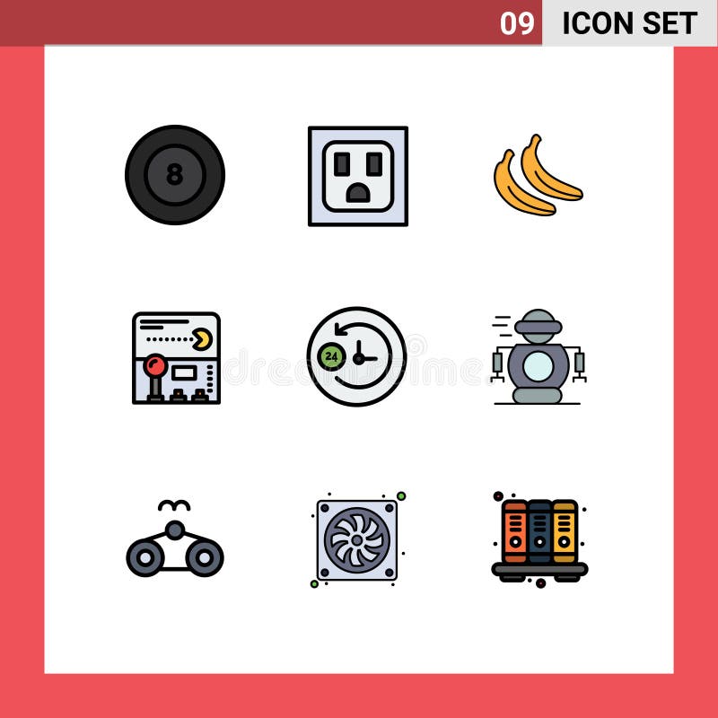 Group of 9 Filledline Flat Colors Signs and Symbols for robotic, human, joystick, support, clock stock illustration
