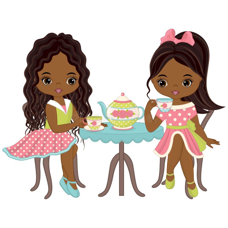 Filles mignonnes d'Afro-américain de vecteur petites ayant le thé illustration libre de droits Filles mignonnes d'Afro-américain de vecteur petites ayant le thé illustration libre de droits