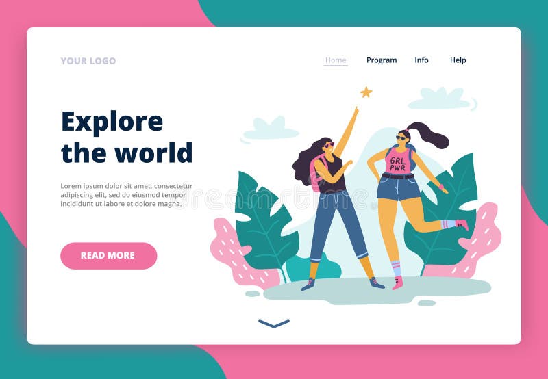 Filles positives de corps heureux explorant le monde illustration stock Filles positives de corps heureux explorant le monde illustration stock
