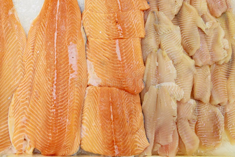 Fillet of Red Fish in the Refrigerator of a Seafood Store. Background