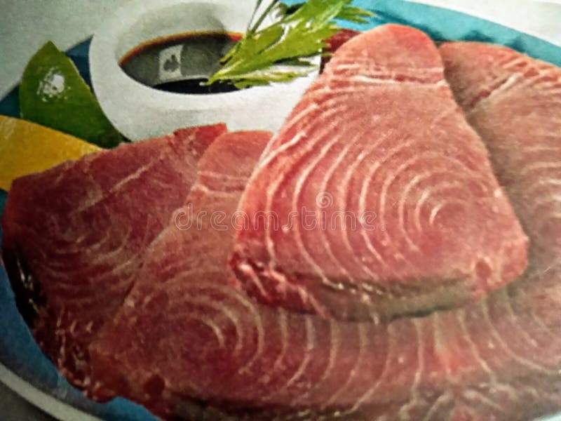 Raw Fillet of Tuna Surrounded by Fresh Vegetables and Spices Closeup