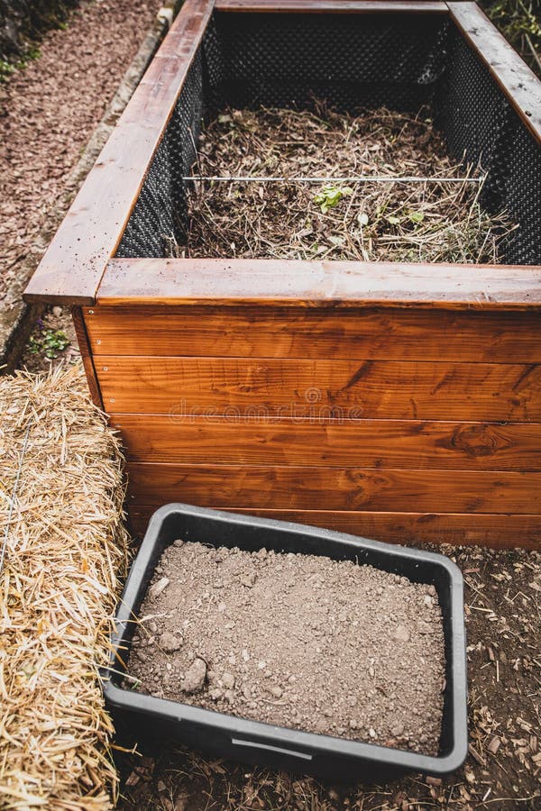 Filling a Raised Bed with Soil, Mulching and Straw Stock Photo Image