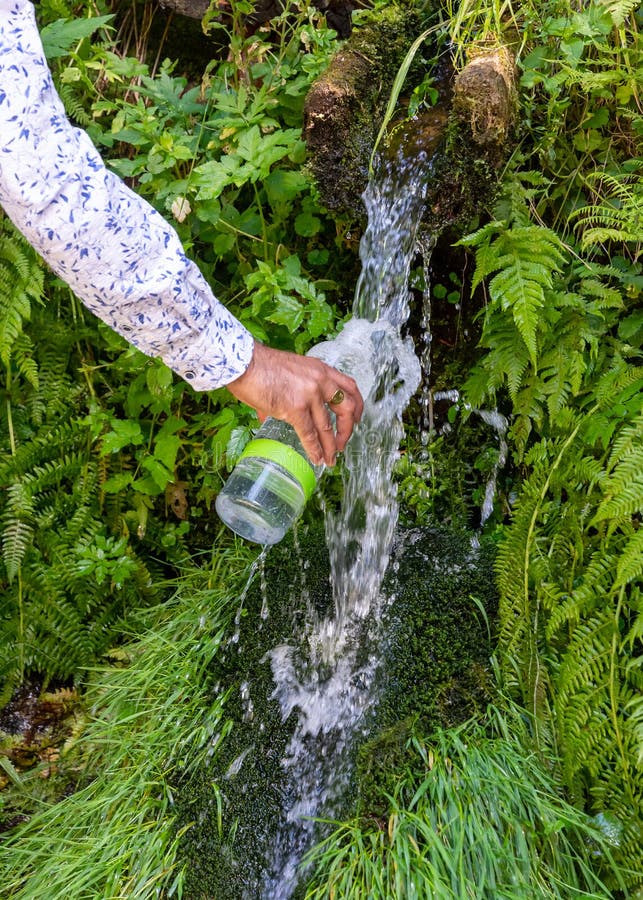 Filling Water Bottle at Natural Spring Stock Image - Image of hand ...