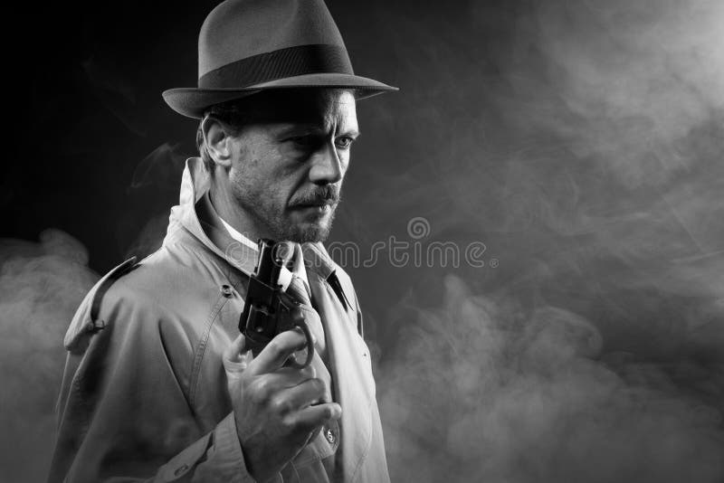 Film noir: detective in the dark with a gun
