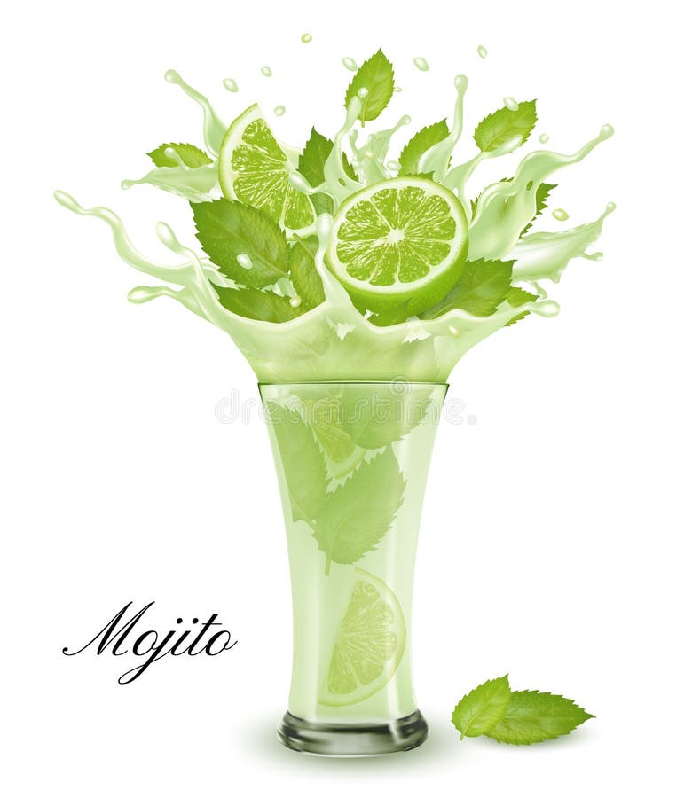 Film och dryck av färsk frukt Hela och skivade kalk- och grönmynta i en färsk mojitococktail med avskärmning och droppar isolerad vektor illustrationer