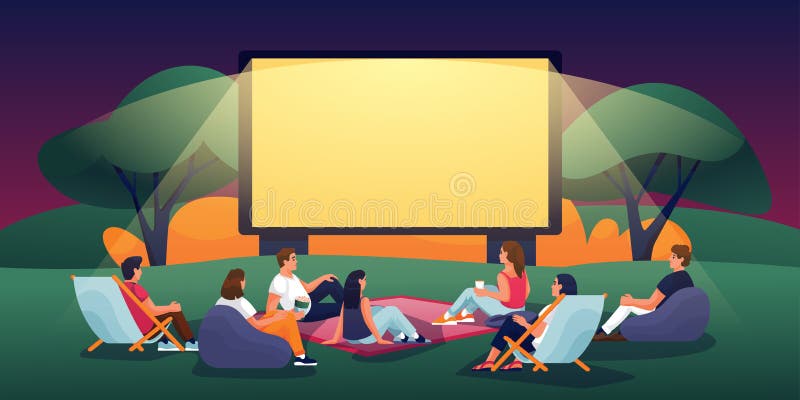 Film och film för utomhusbruk i sommarparken Bild på vektorplattteckning Människor som tittar på film på friluftsfilm