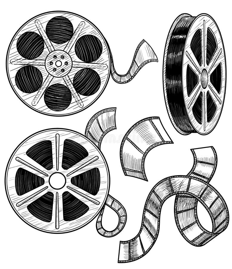 Film Reel Illustration, Drawing, Engraving, Ink, Line Art, Vector