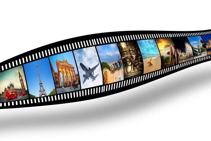 Film strip with colorful, vibrant photographs. Travel theme