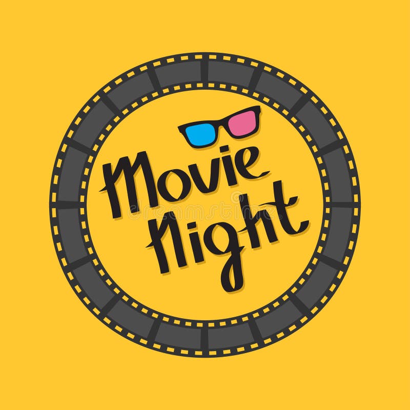 Film strip round circle frame. 3D glasses. Movie night text. Lettering. Yellow background. Flat design.