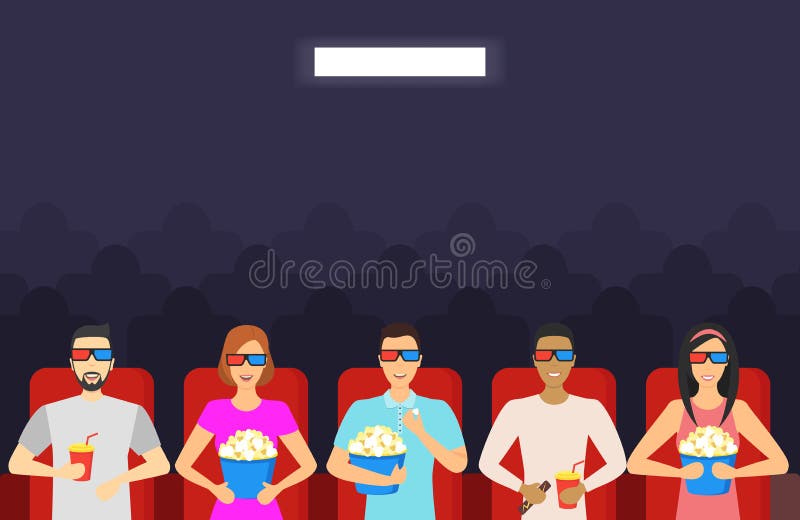 Filme de observação dos povos dos desenhos animados no cartão do fundo do cinema Vetor ilustração stock Filme de observação dos povos dos desenhos animados no cartão do fundo do cinema Vetor ilustração stock