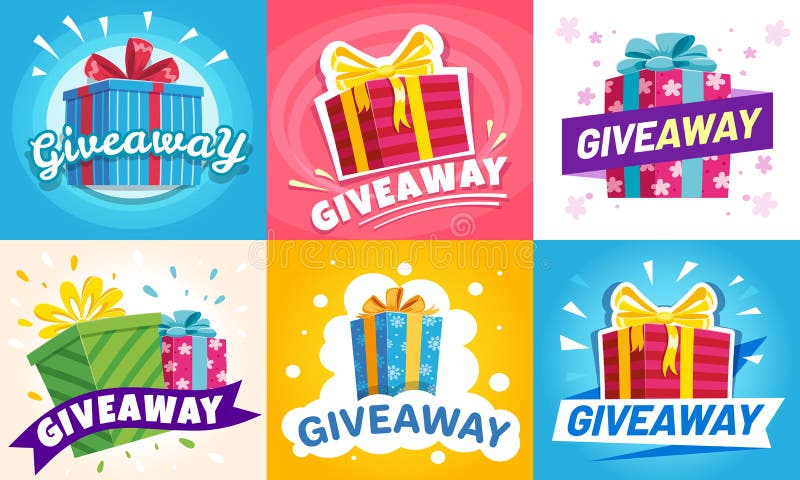 Giveaway winner poster. Gift offer banner, giveaways post and gifts prize flyer. Quiz posters, contest announcement or media event post vector illustration set. Giveaway winner poster. Gift offer banner, giveaways post and gifts prize flyer. Quiz posters, contest announcement or media event post vector illustration set