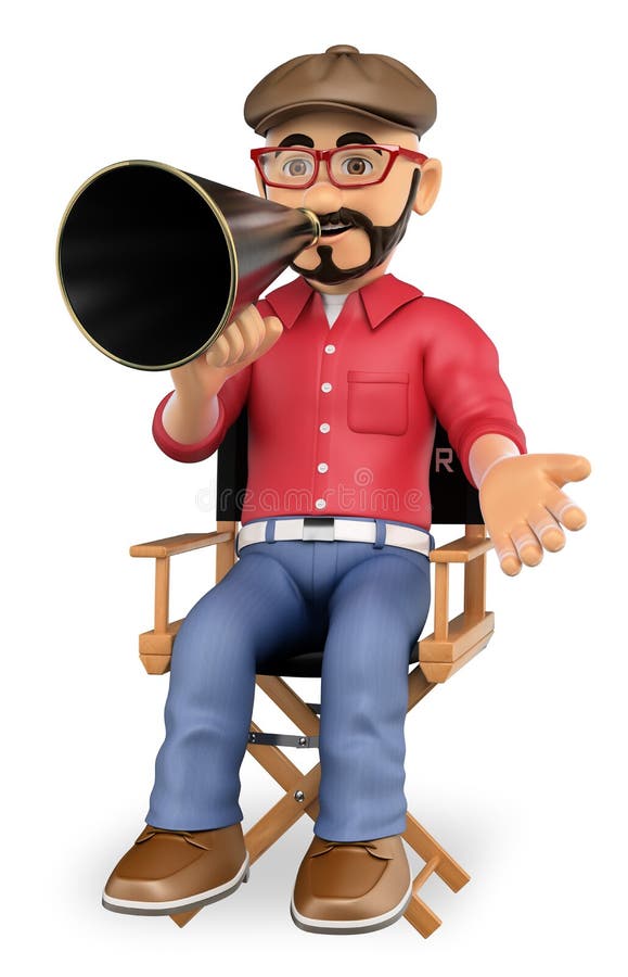 Filmregisseur 3D, der in seinem Stuhl mit einem Megaphon sitzt vektor abbildung Filmregisseur 3D, der in seinem Stuhl mit einem Megaphon sitzt vektor abbildung