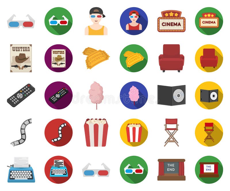 Films and cinema cartoon,flat icons in set collection for design.Movies and Attributes vector symbol stock web royalty free illustration Films and cinema cartoon,flat icons in set collection for design.Movies and Attributes vector symbol stock web royalty free illustration
