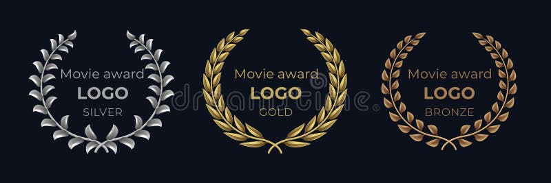 Filmutmärkelselogo Guld- emblem för lager, baner för vinnarebelöninglövverk, lyxigt begrepp för showpris Guld- krans för vektor