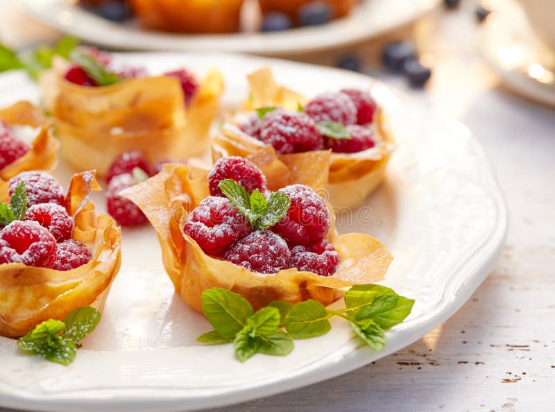 Filo filiżanki z Mascarpone plombowaniem nakrywającym z malinkami, wyśmienicie deser zdjęcie royalty free Filo filiżanki z Mascarpone plombowaniem nakrywającym z malinkami, wyśmienicie deser zdjęcie royalty free