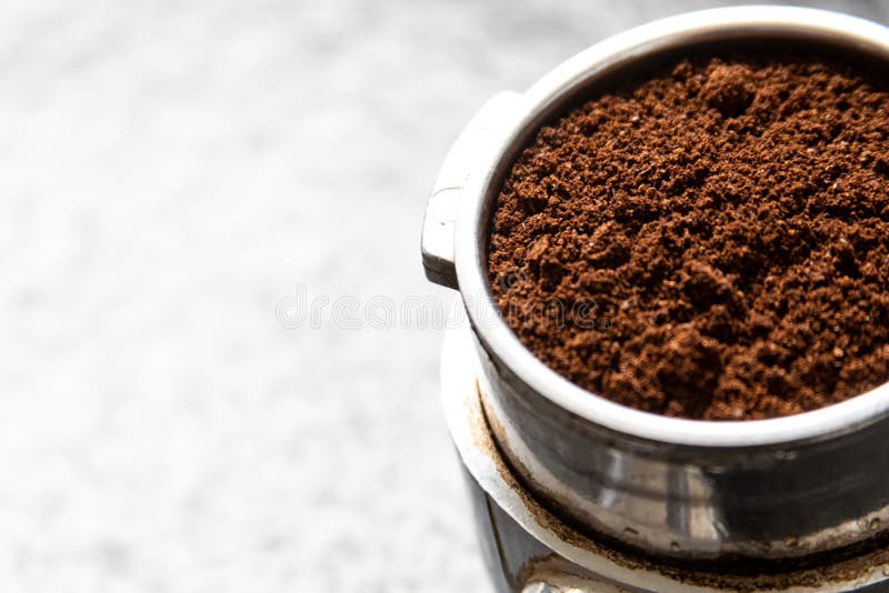 Filter Holder For Espresso Coffee Machine With Coffee Powder In Detail. Italian Espresso And Fresh Grinded Coffee Beans Stock Photo - Image of filter, brown: 185327728