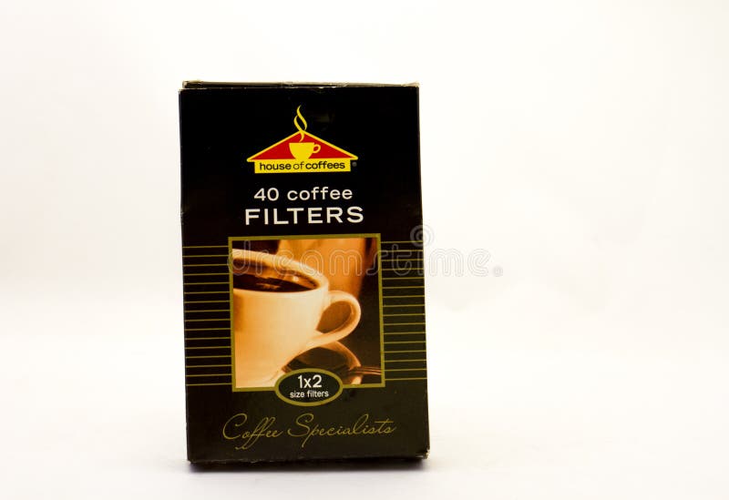 Alberton, South Africa - December 4, 2019: a packet of House of Coffees coffee filters isolated on a clear background image in horizontal format with copy space. Alberton, South Africa - December 4, 2019: a packet of House of Coffees coffee filters isolated on a clear background image in horizontal format with copy space