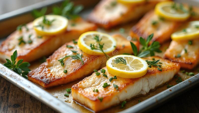 Filéskål med citronskivor och garnfisk. Vit fiskrestaurangmåltid, utsökt matfoto. Medelhavet stock illustrationer