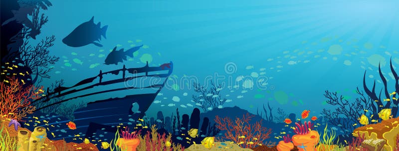 Colored coral reef with fish, sharks and silhouette of sunken ship on blue sea background. Colored coral reef with fish, sharks and silhouette of sunken ship on blue sea background