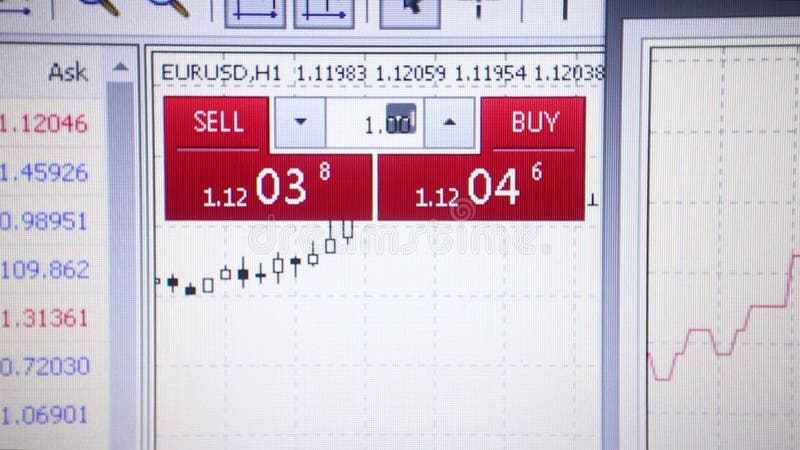 Fim acima da vista macro de um monitor do tempo real que mostra flutuações de moeda com o ` do ` da venda do ` e da compra do ` c