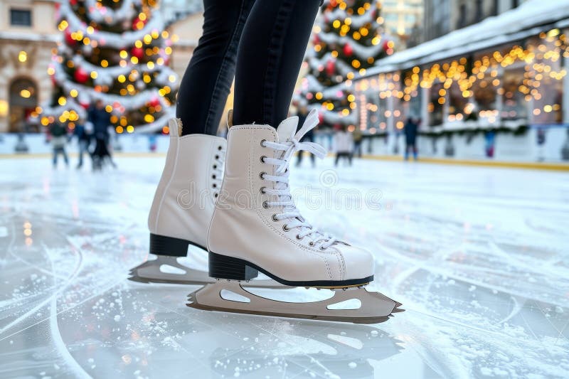 Fin kvinna i vita figurer skridskor som skriker på utomhusrinnande rink som utstrålar elegans och poise royaltyfri illustrationer