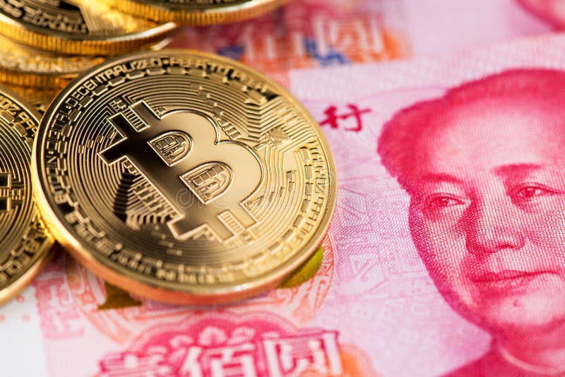 Fin numérique de devise de Cryptocurrency vers le haut de porcelaine de bitcoin de yuans de renminbi image libre de droits Fin numérique de devise de Cryptocurrency vers le haut de porcelaine de bitcoin de yuans de renminbi image libre de droits