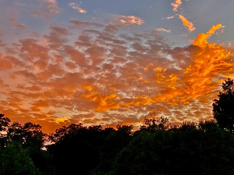 Fina orangefärgade moln i himlen vid solnedgången arkivfoto