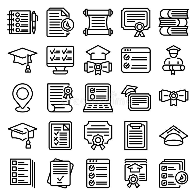 Final exam icons set, outline style