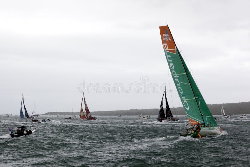 The Groupama team boat starts making the final turn behind the other race sail boats for the final run from Auckland harbor to the open ocean on Sunaday, 18 March 2012. The Groupama team boat starts making the final turn behind the other race sail boats for the final run from Auckland harbor to the open ocean on Sunaday, 18 March 2012.