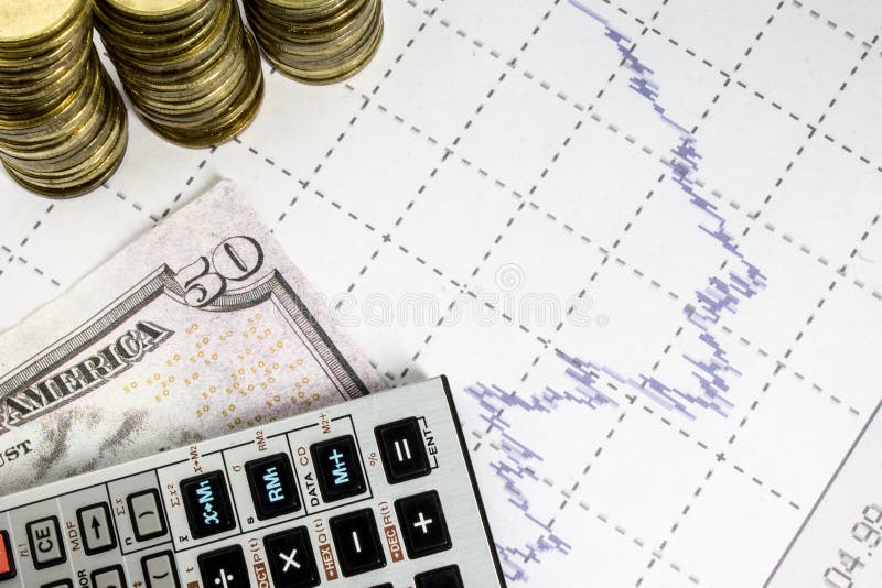 Finance Business Calculation with Chart,calculator and Coins Stock