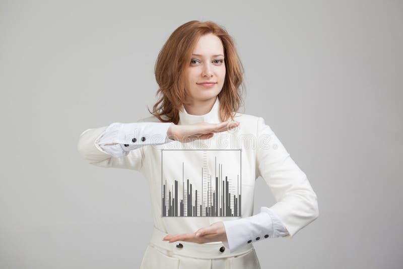 Finance data concept. Woman working with Analytics. Chart graph information on digital screen. royalty free stock photos Finance data concept. Woman working with Analytics. Chart graph information on digital screen. royalty free stock photos