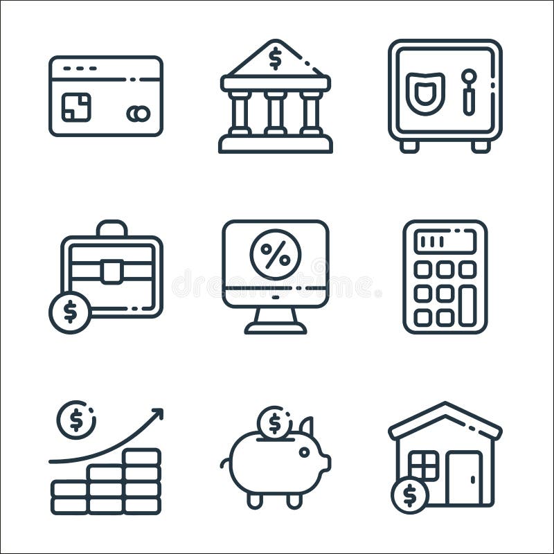 Finance line icons. linear set. quality vector line set such as mortgage, piggy bank, investment, calculator, percentage royalty free illustration