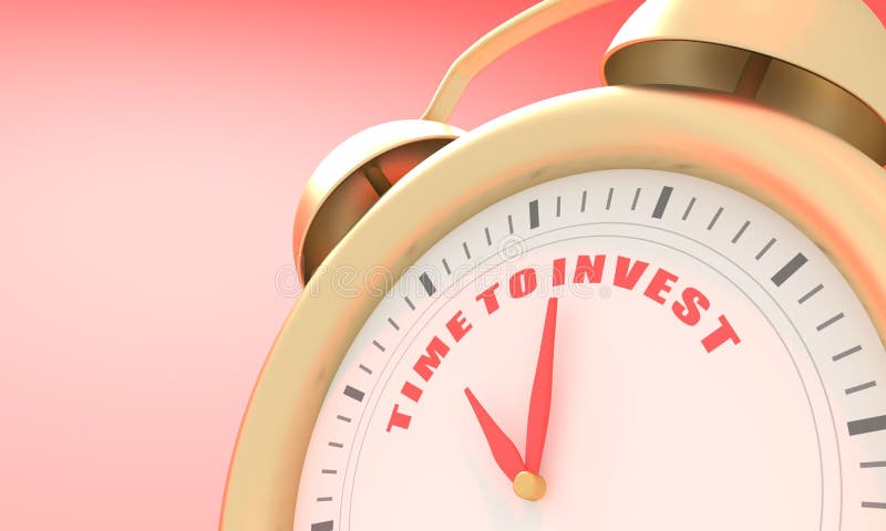 Finance management concept. Alarm clock with time to invest text. 3D render stock illustration
