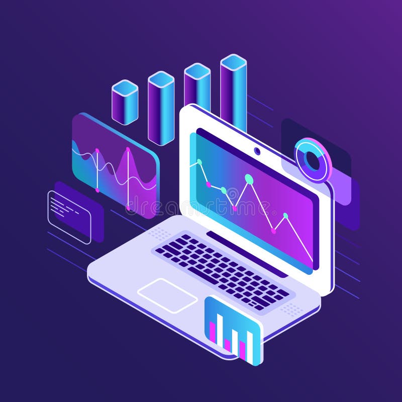 Finance market analysis isometric 3d charts on business laptop. Analytical report with infographic data chart vector vector illustration Finance market analysis isometric 3d charts on business laptop. Analytical report with infographic data chart vector vector illustration
