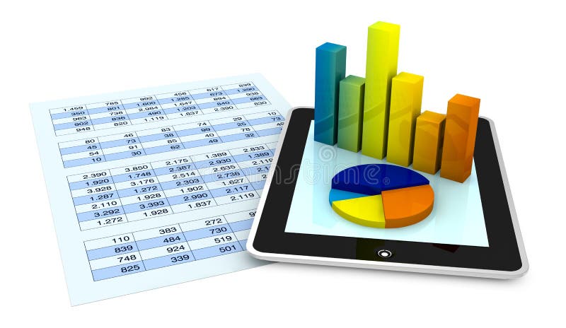 Jeden papír s tabulkou a tablet, který zobrazuje grafy, pojem tecnology podporu finančního analisys (3d vykreslení)