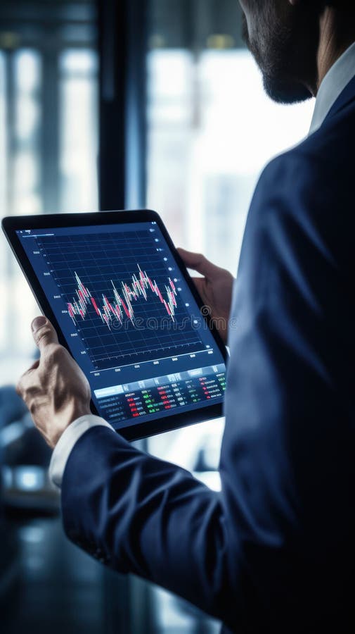 Financial analyst: Close hand charting stock paths with AI tablet assistance. Trading technology stock photos