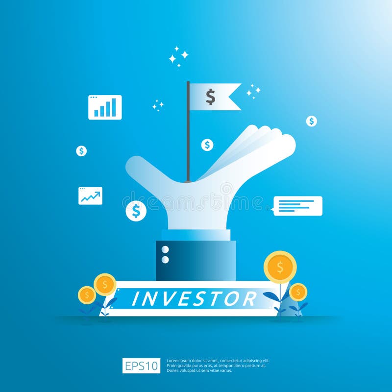 financial business investor funding concept with money coin and success symbol flag in big hand illustration. Return on investment