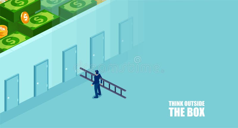 Vector of a businessman with a ladder standing in front of closed doors vector illustration