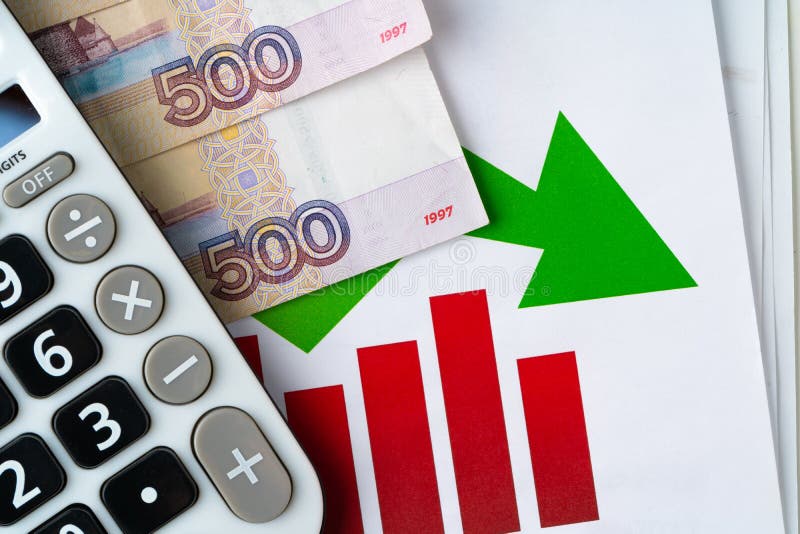 Financial chart with Russian rubles money stack with calculator. Currency appreciation concept stock photography
