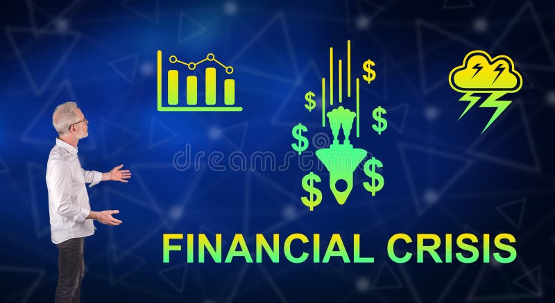 A financial crisis concept explained by a businessman on a wall screen royalty free stock photos