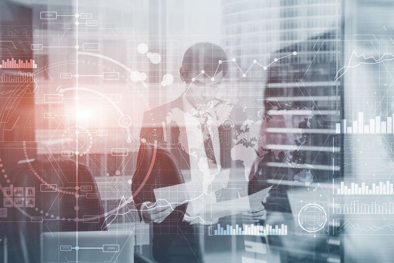 Financial dashboard with business intelligence BI. Blurred businessmen in the office royalty free stock photos