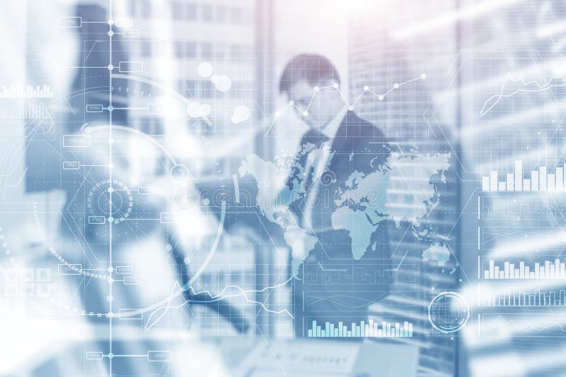 Financial dashboard with business intelligence BI. Blurred businessmen in the office vector illustration