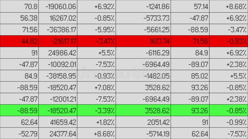 Financial data changing, lines highlighted with color in electronic spreadsheet stock illustration