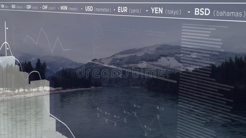 Financial data and currency exchange rates animation over snowy mountain landscape stock footage