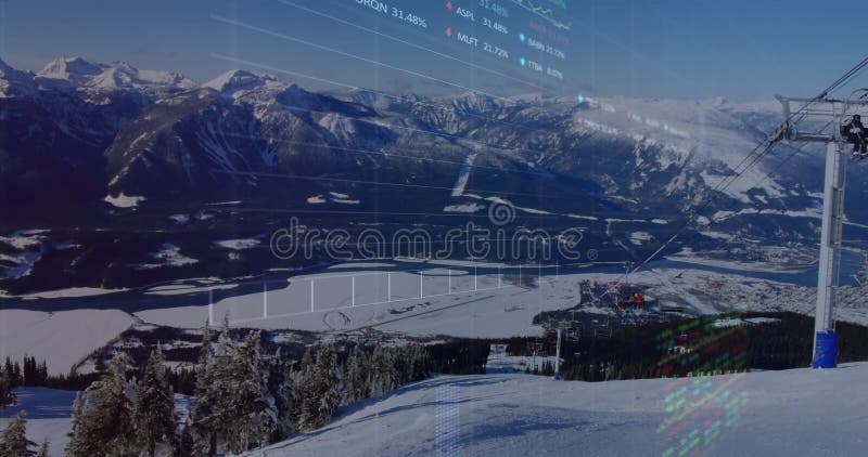 Financial data processing animation over snowy mountain landscape with ski lift stock footage