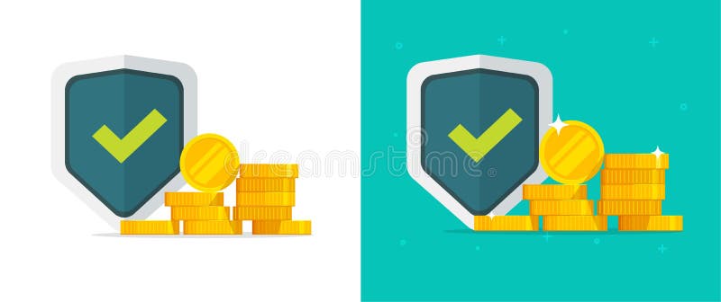 Financial insurance guarantees money gold protection set, cash investment secure safety care warranty shield vector flat stock illustration