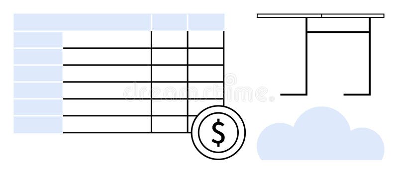 Financial management, cloud computing, data storage, economic analysis, business tools, accounting processes. A table structure with a dollar coin symbol and a cloud icon. Financial management. Accounting processes vectors