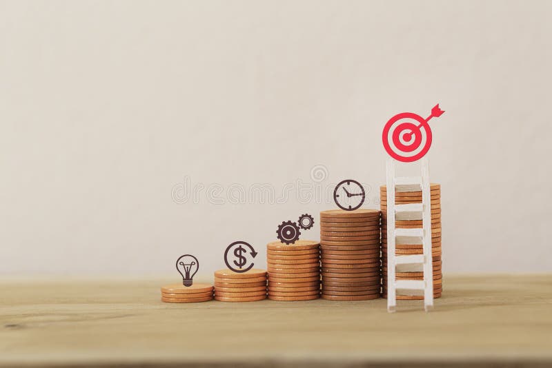 Financial management/goals asset investment concept: Arrange business plan icon on rows of rising coins, Demonstrating excellent stock photos Financial management/goals asset investment concept: Arrange business plan icon on rows of rising coins, Demonstrating excellent stock photos