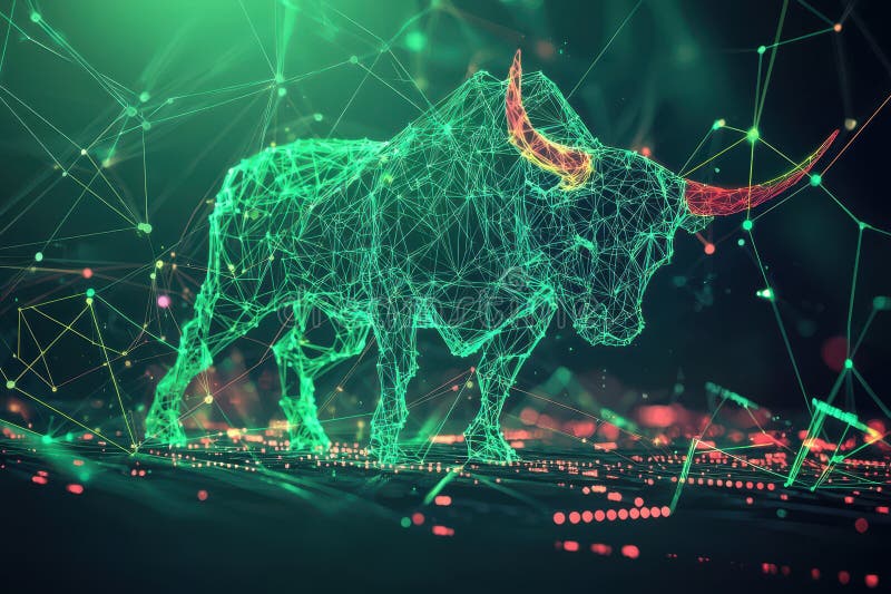 Financial Market Battle, Bull vs Bear in Glowing Data Points and Binary Code Matrix royalty free stock images